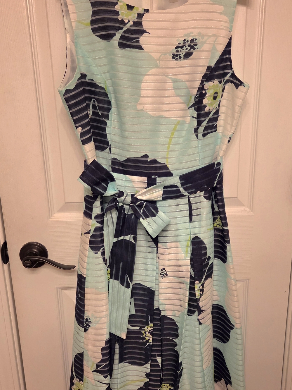 Tommy Hilfiger Navy and Light Blue Floral Midi Dress with Self-Tie Waist